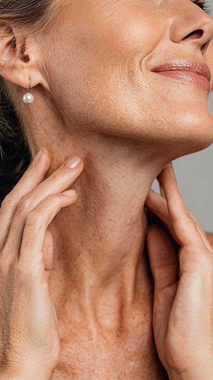 Woman touching her neck, showcasing healthy skin.