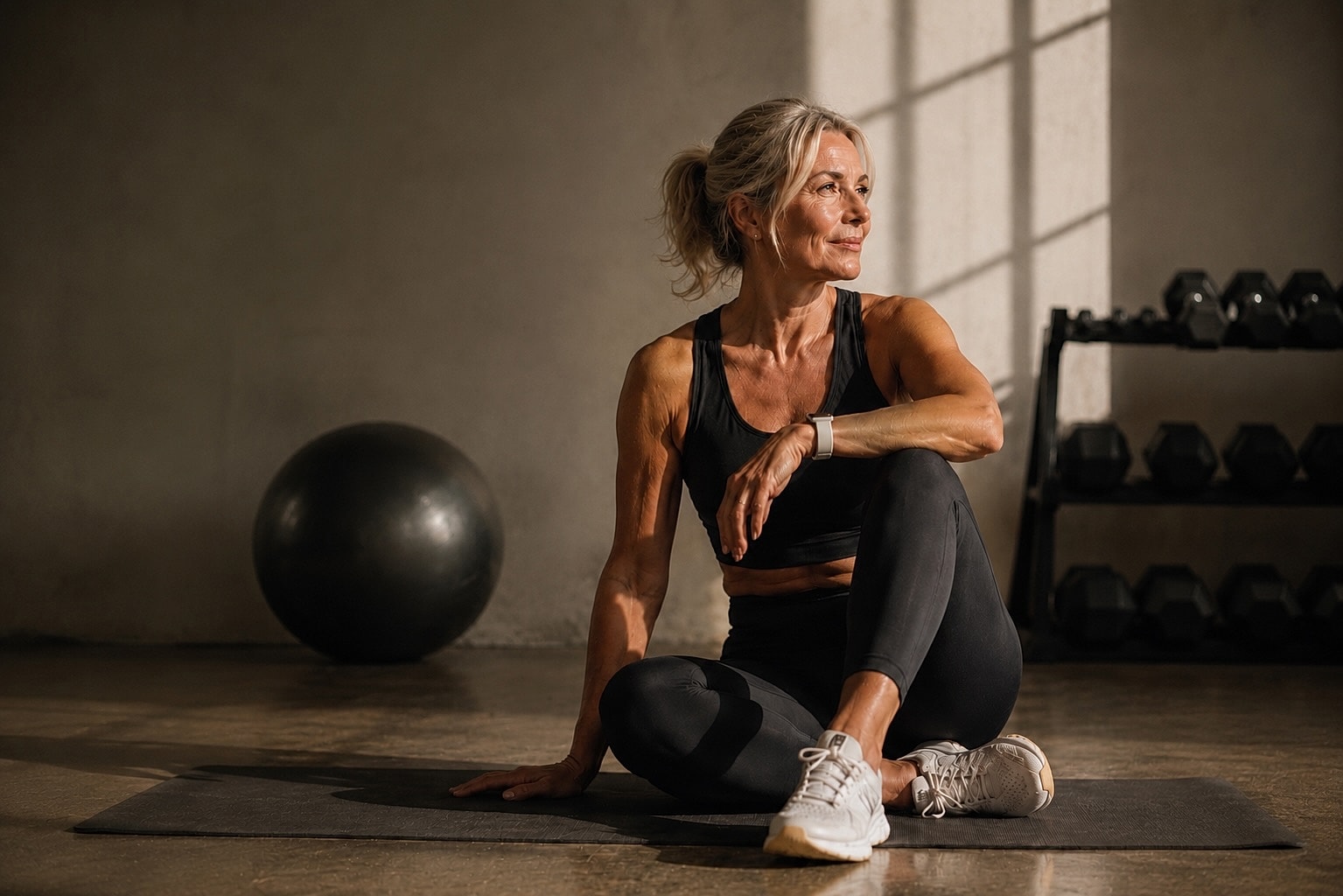 Active older woman in fitness studio setting.