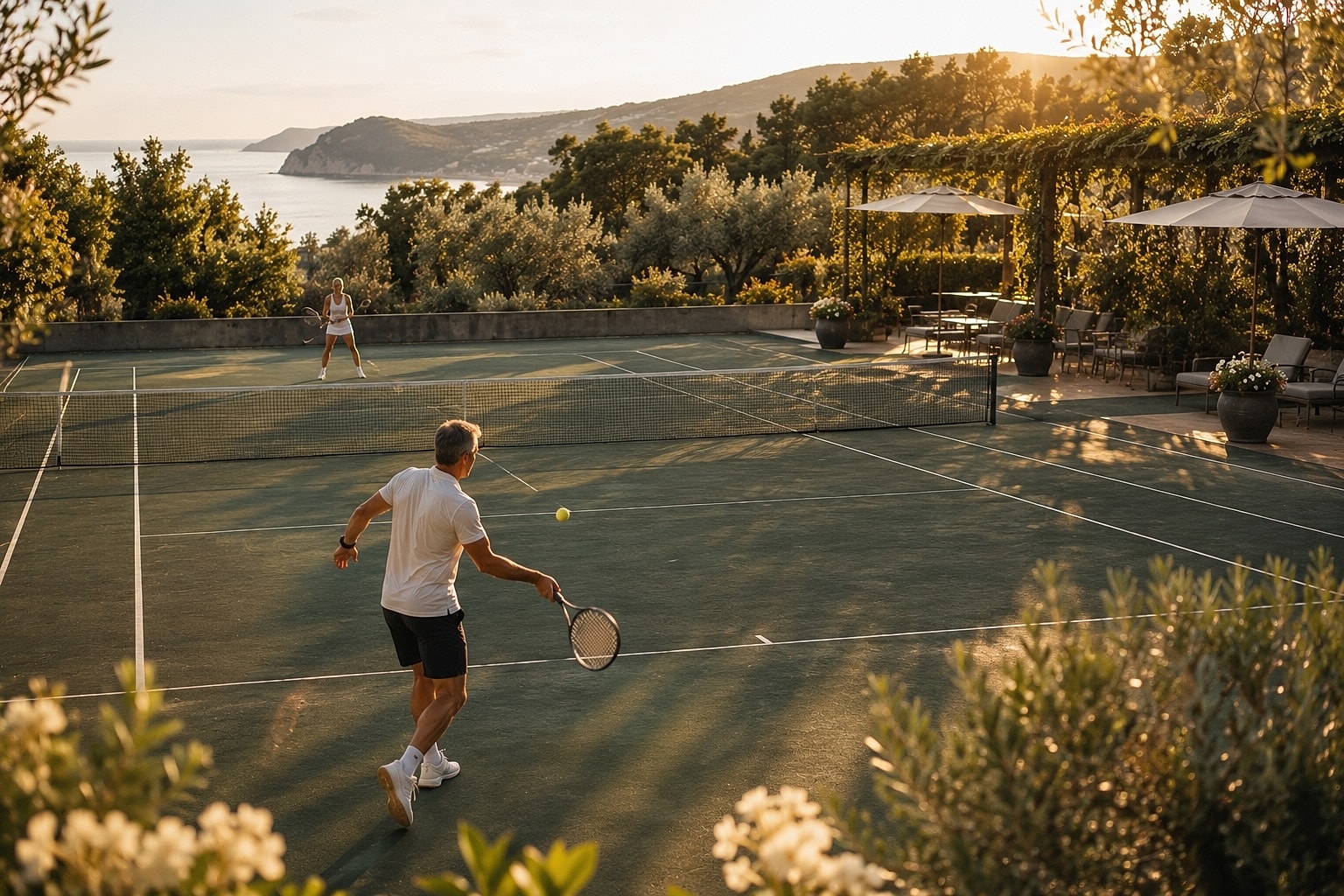 Tennis match at sunset on a beautiful court.