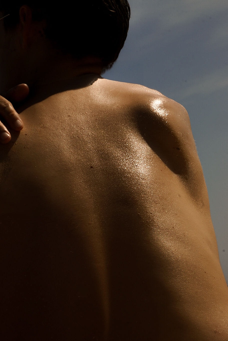 Bare back glistening in sunlight.