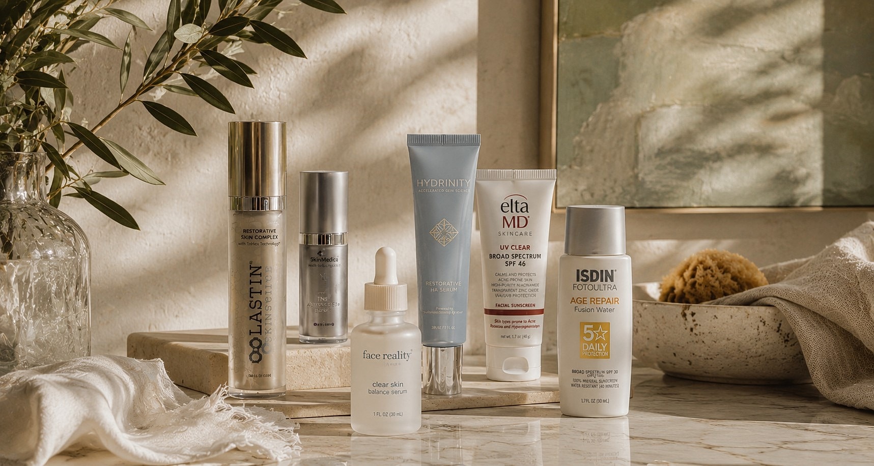 Skincare products displayed on a countertop.