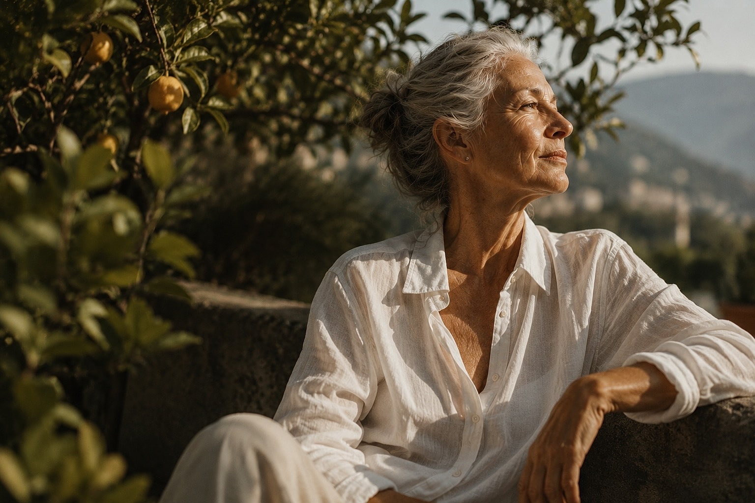 Smiling woman enjoying nature's beauty outdoors.