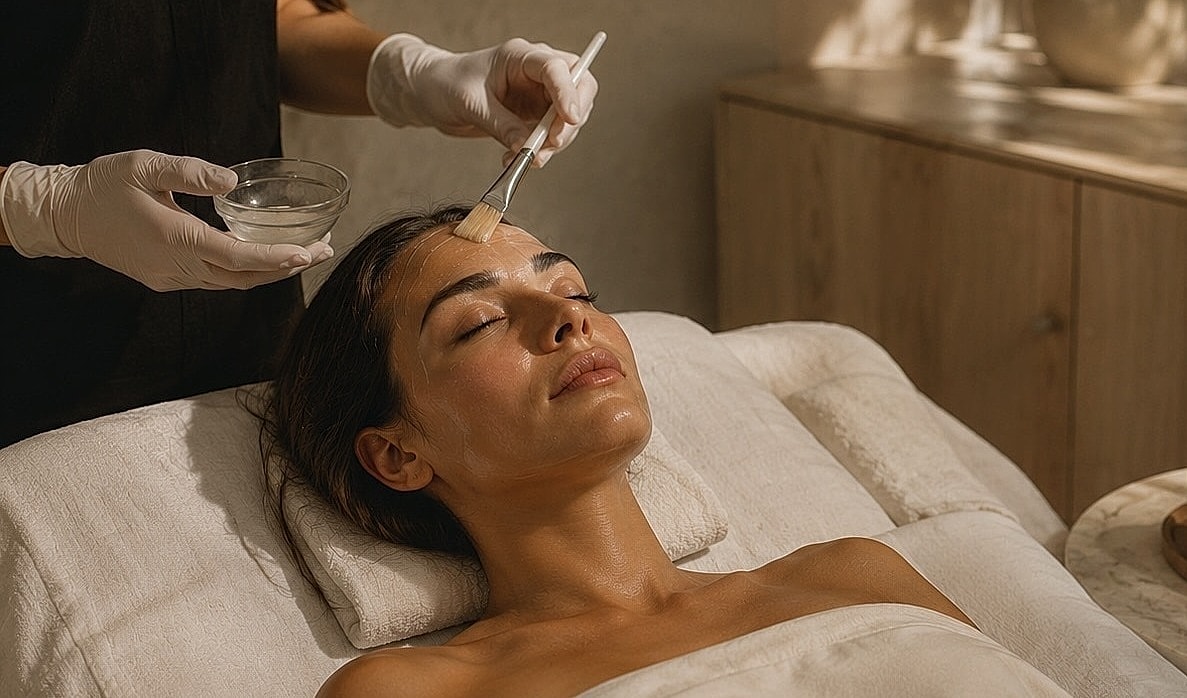 Woman receiving a facial treatment in spa.