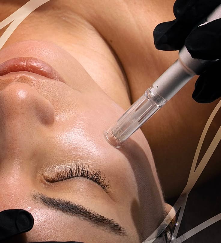 Microneedling treatment on a woman's face.